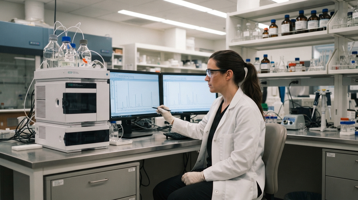 Chemist reviewing chromatography data on computer monitors during an FDA data integrity inspection.