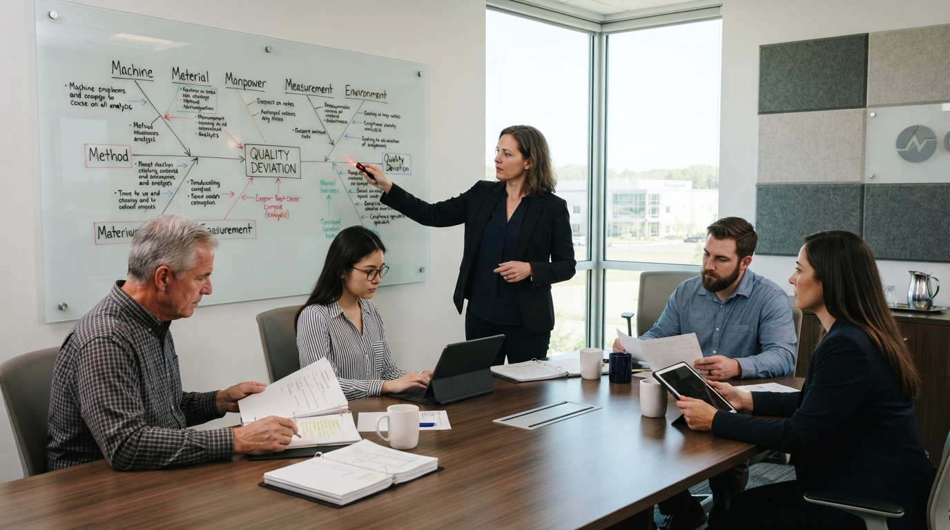 Director presenting root-cause analysis and fishbone diagram to a team during an FDA CAPA inspection review meeting.