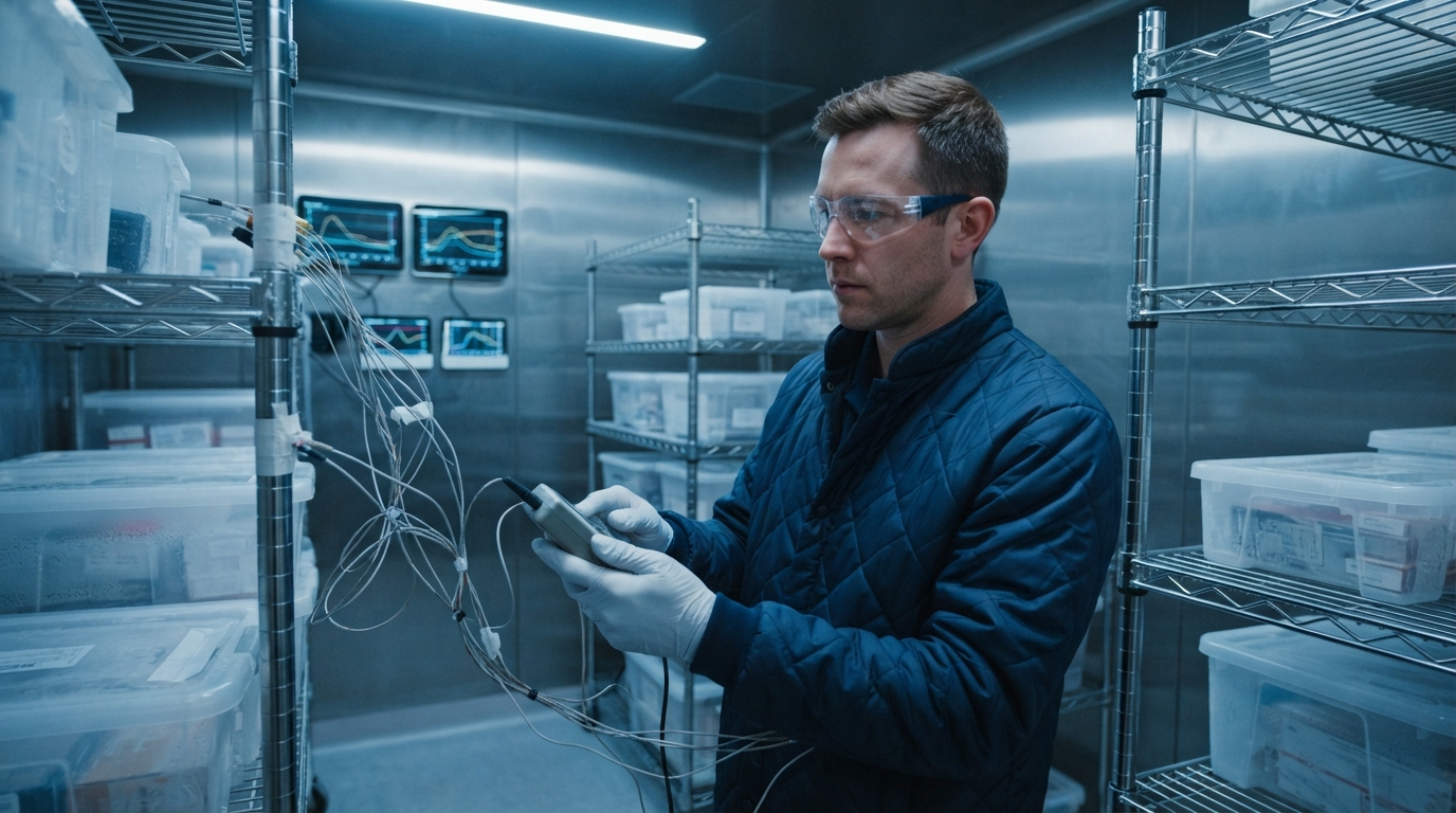 Engineer checking thermocouple wiring and temperature sensors on storage shelving during an FDA inspection readiness assessment.