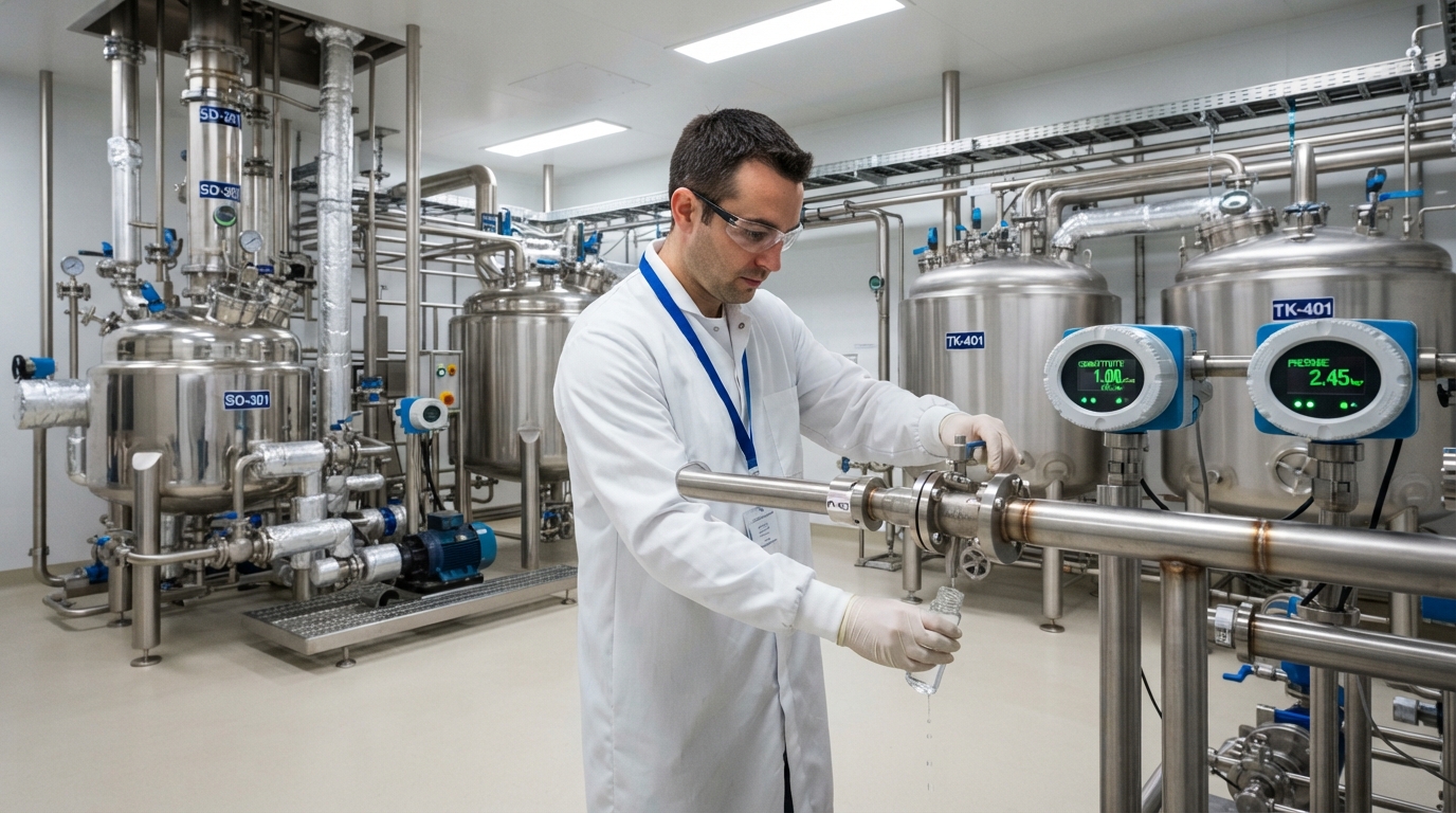 Validation engineer collecting a water sample from a pharmaceutical piping loop during an FDA water system inspection.