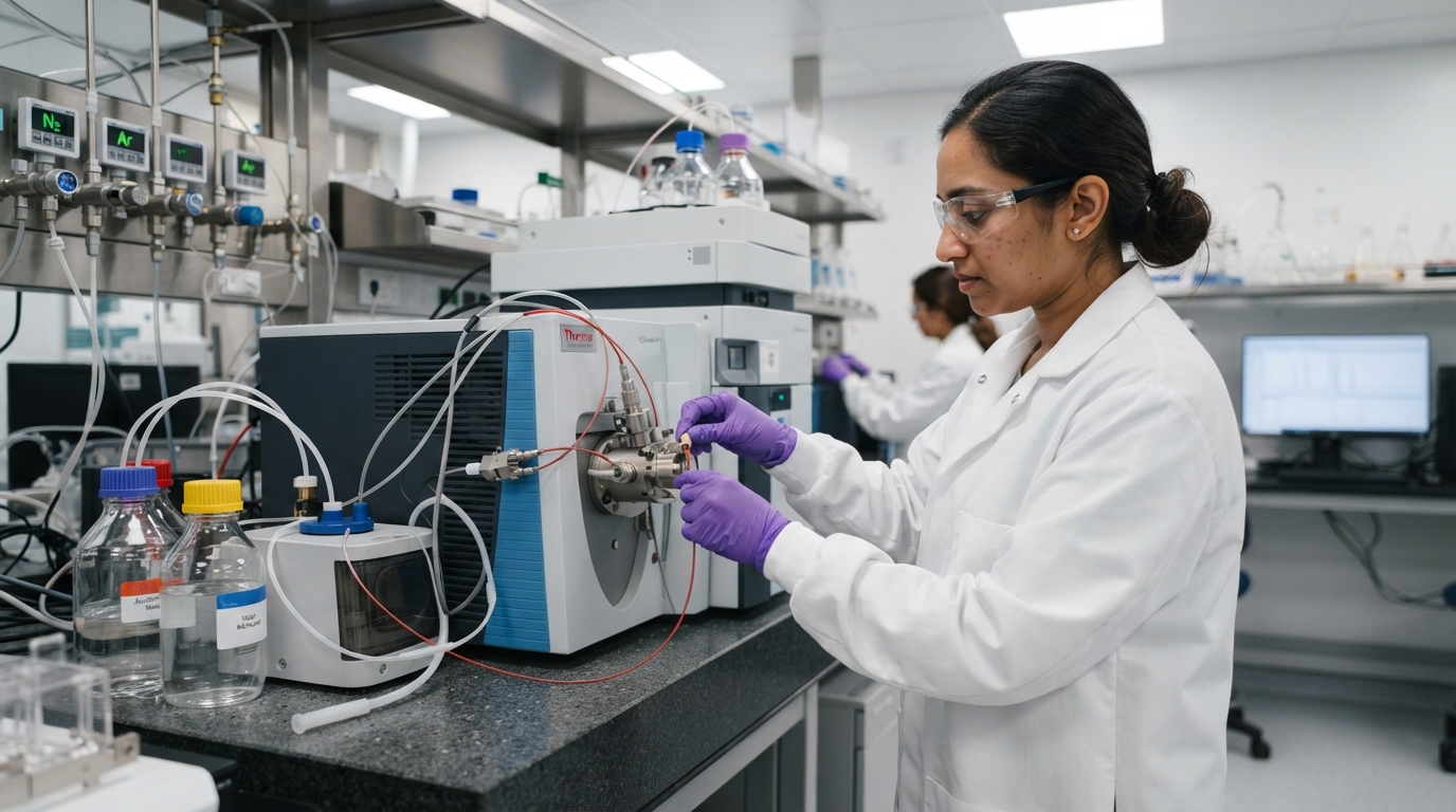 Scientist connecting capillary tubing to an LC-MS instrument during an FDA mock inspection laboratory evaluation.