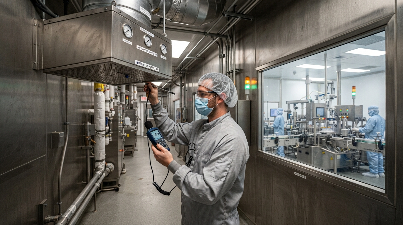 Cleanroom engineer measuring HVAC airflow parameters as technical evidence for how to respond to FDA 483 observations.