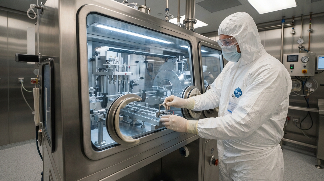 Cleanroom engineer positioning sensors inside an aseptic filling isolator to support corrective actions with an FDA warning letter consultant.