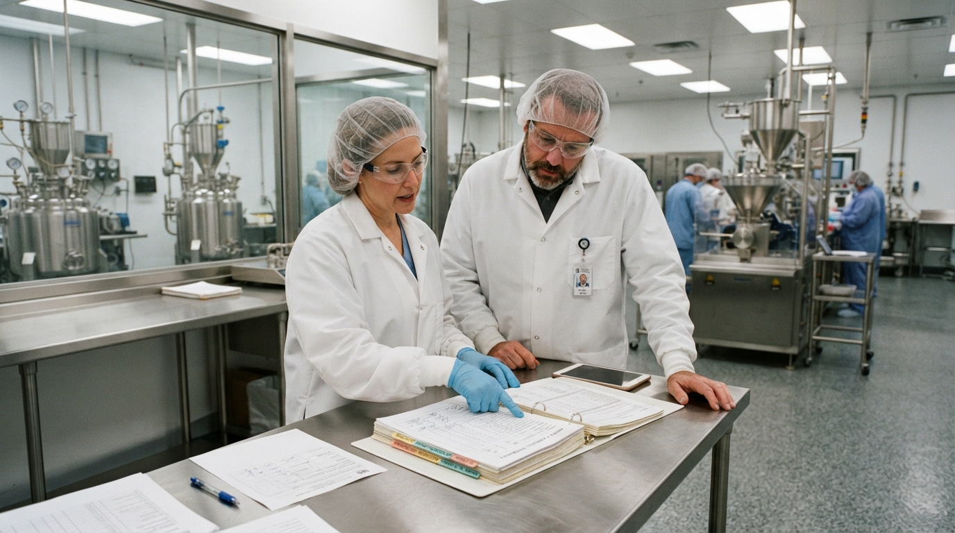 Quality managers reviewing batch records in a cleanroom using a dietary supplement FDA inspection checklist.