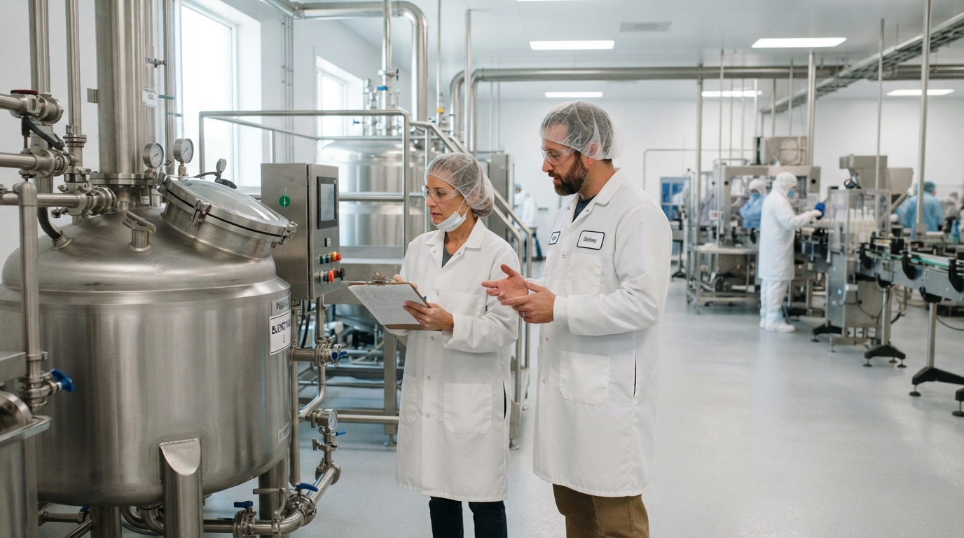 Auditor and facility manager inspecting processing equipment during an FDA food facility inspection.