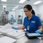 FDA inspector in safety goggles and gloves reviewing pharmaceutical production logbooks and entering audit data on a digital tablet in a cleanroom laboratory.