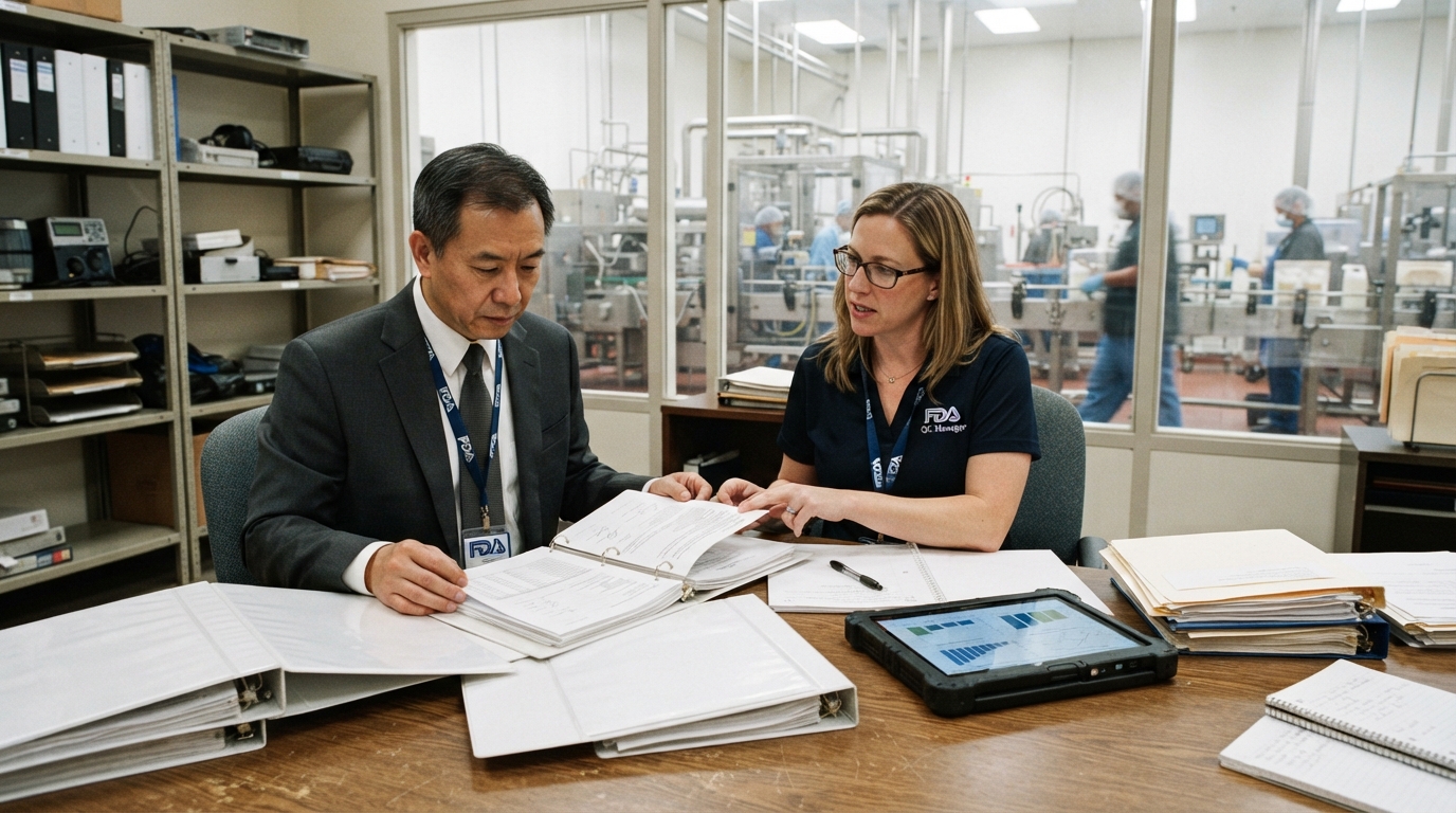 FDA inspector and food safety manager reviewing written records during an FDA preventive controls inspection.