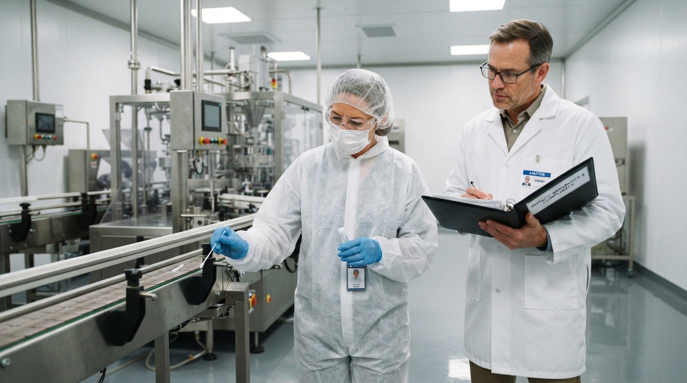 Microbiologist swabbing a food conveyor belt alongside an auditor during an FDA environmental monitoring inspection.