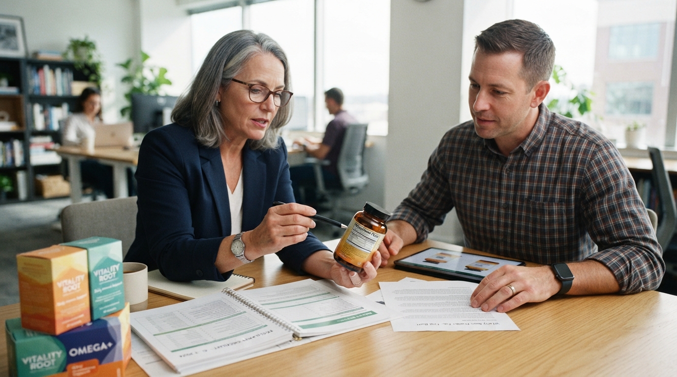 Regulatory consultant reviewing label claims on a bottle to avoid supplement disease claims FDA violations.