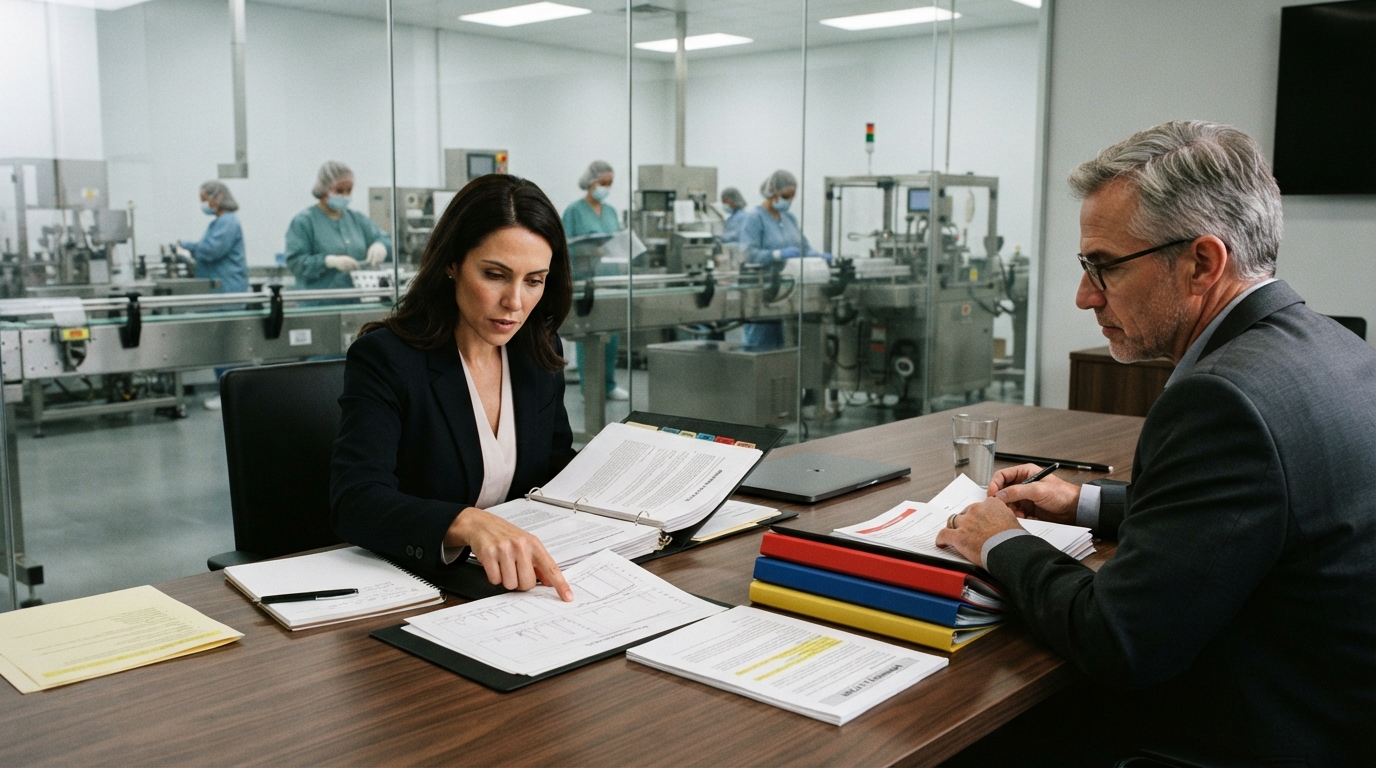 Regulatory compliance executives reviewing testing data to avoid a dietary supplement warning letter.