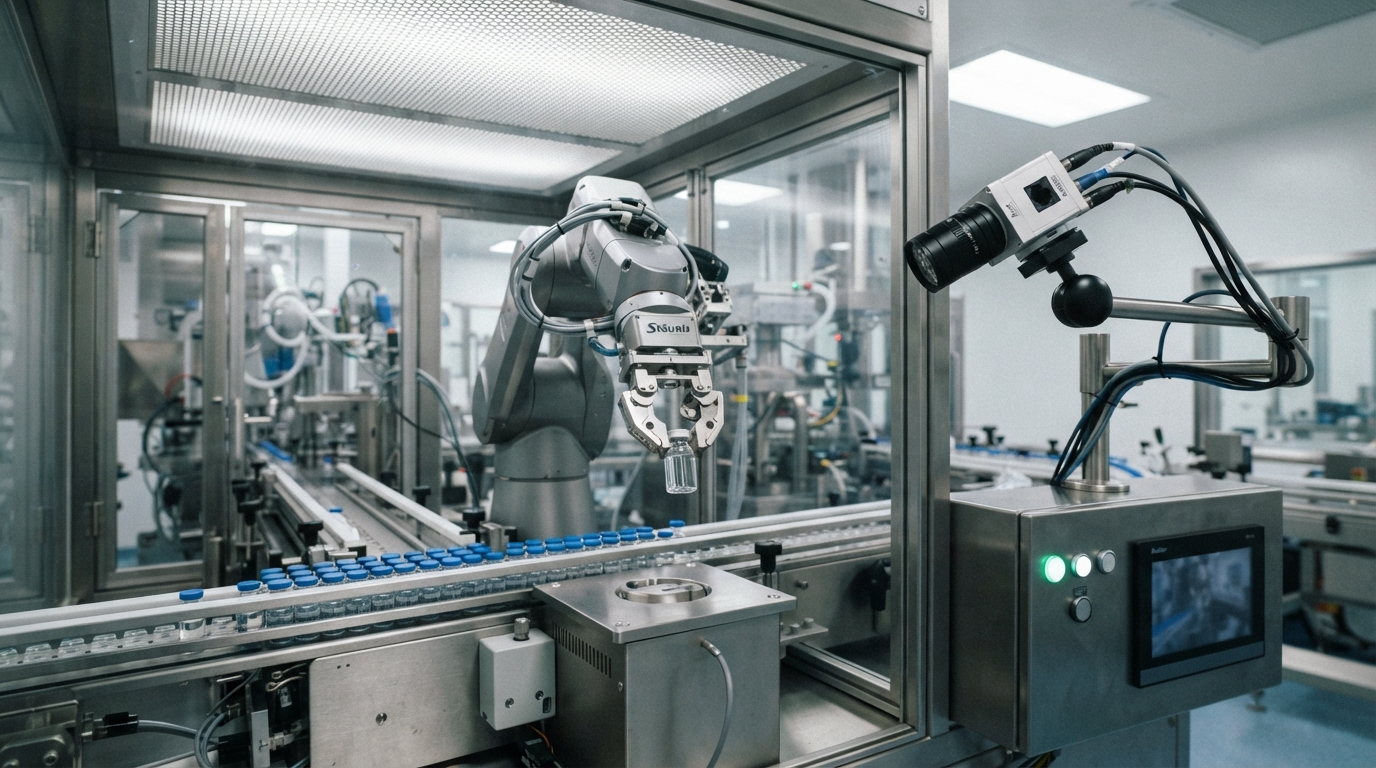 Automated robotic arm handling vials under high-definition camera surveillance during a virtual FDA mock inspection.