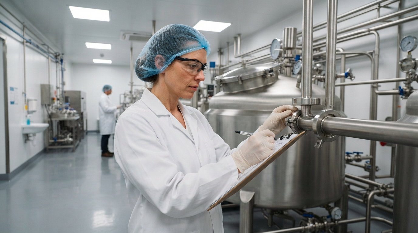 Quality assurance inspector reviewing an FDA food inspection checklist while examining stainless steel processing equipment in a food manufacturing facility.