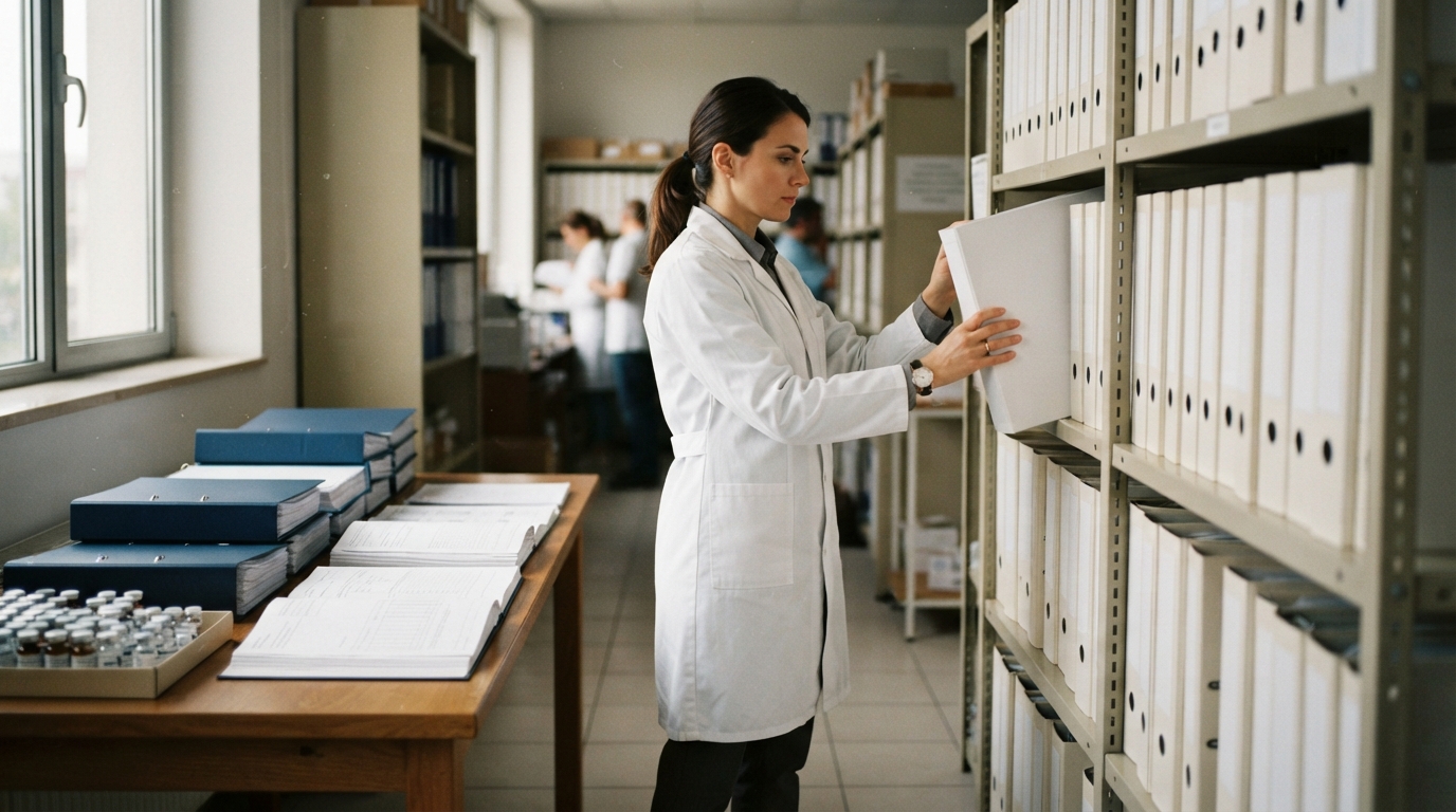 Lab technician retrieving compliance files to prepare FSVP records FDA inspection documentation.