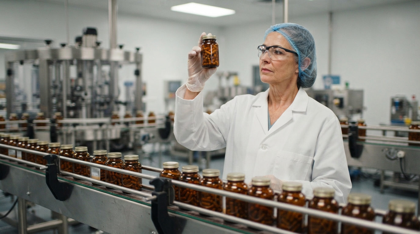 Quality control technician inspecting a bottle of capsules during an FDA supplement label review on a packaging line.