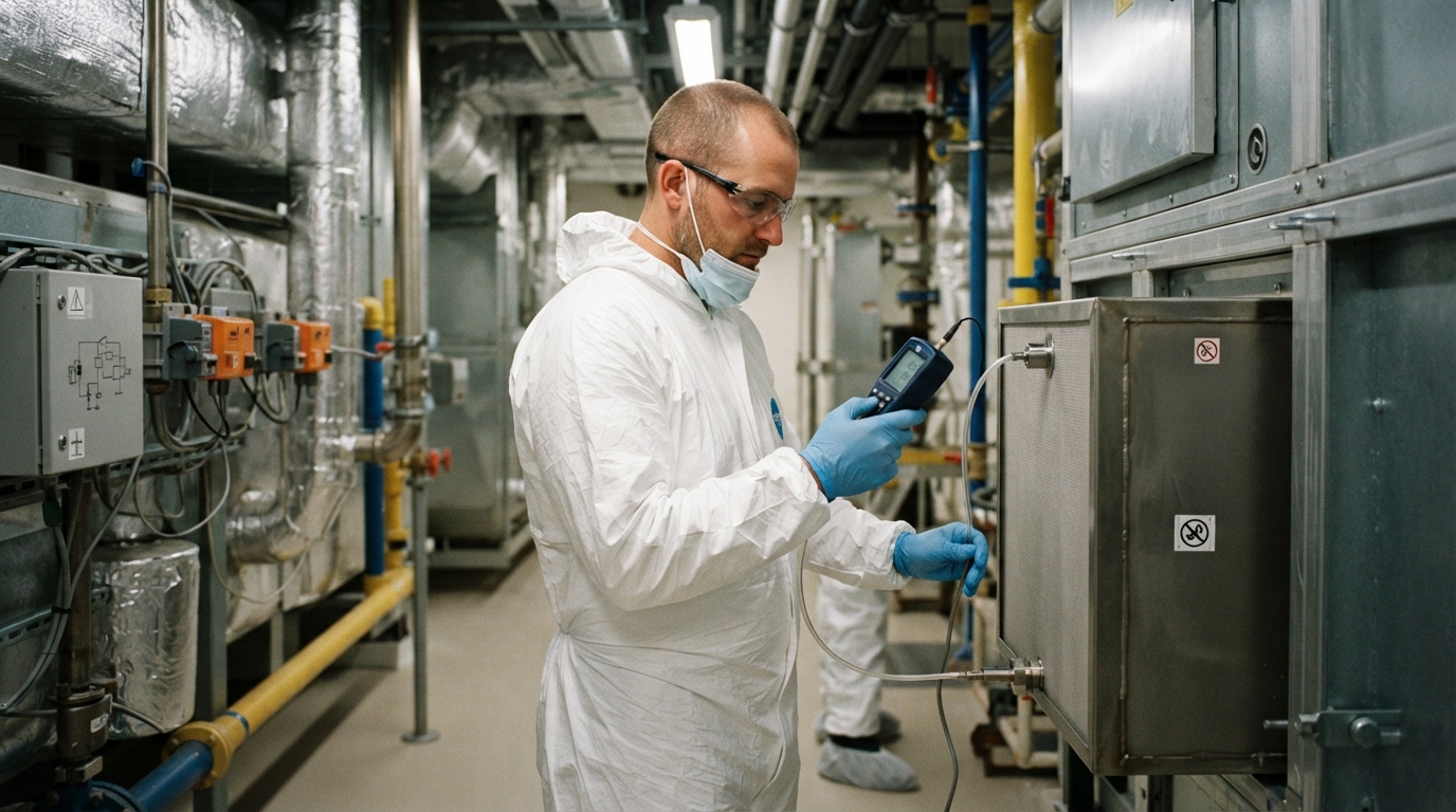Technician measuring HEPA filter integrity and airflow parameters in a mechanical utility room during an FDA HVAC inspection.