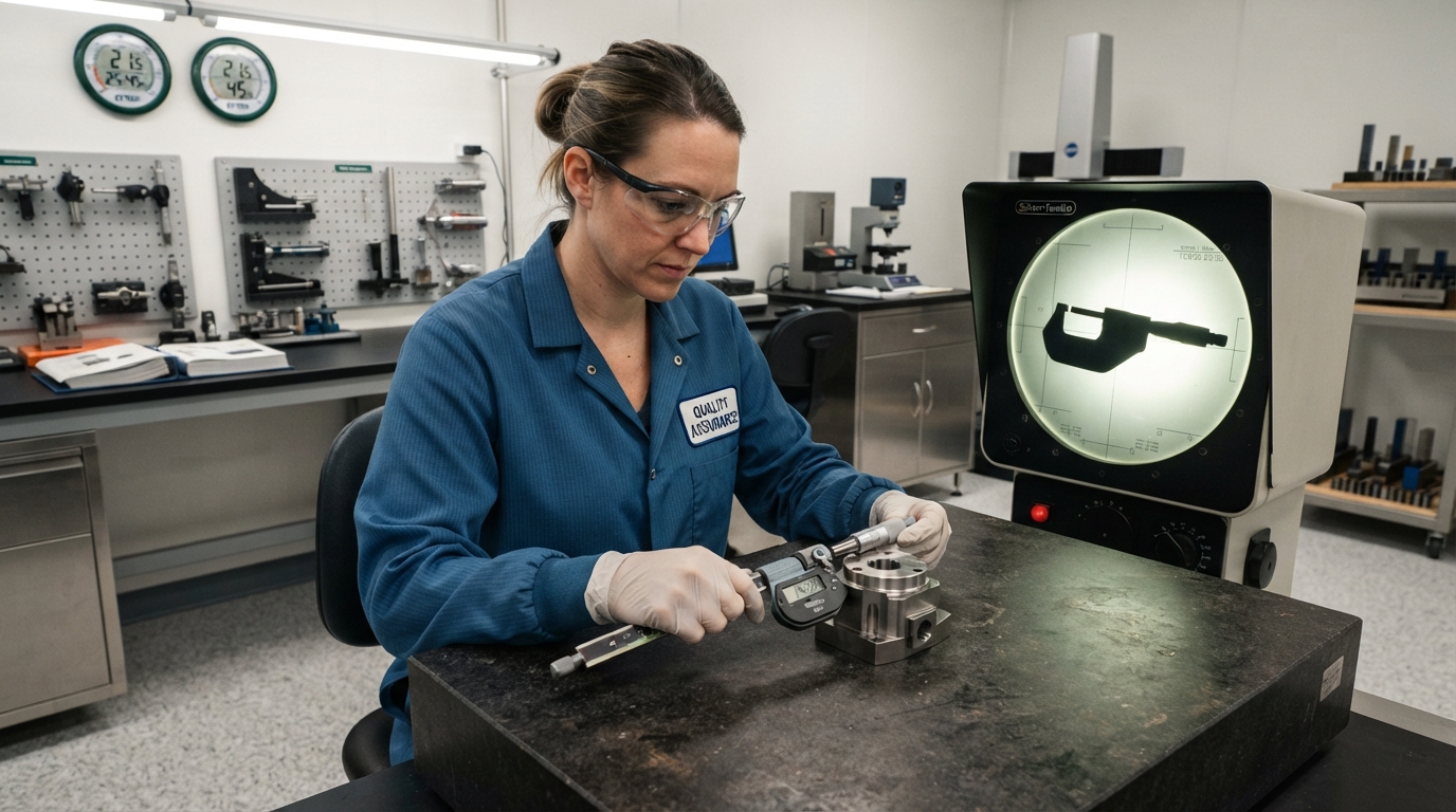 Quality control technician measuring a machined component during calibration remediation for an FDA 483 response 15 business days deadline.