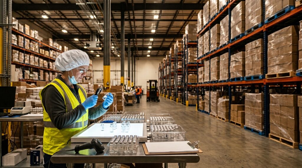 Quality assurance auditor conducting visual inspection on quarantined pharmaceutical vials in a cGMP warehouse.