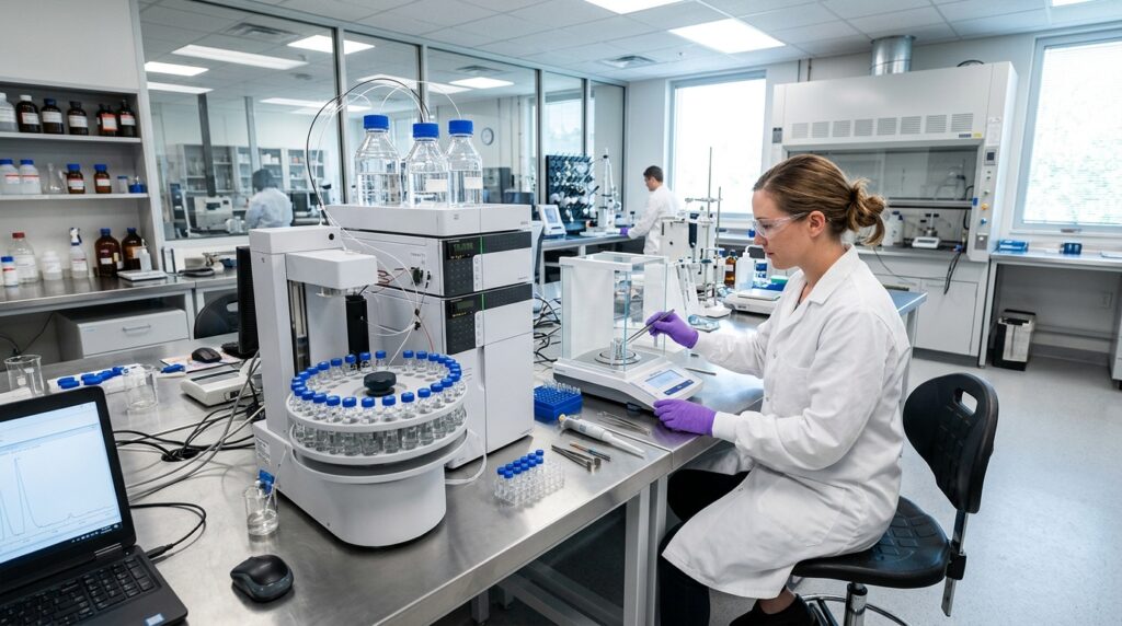 Analytical chemist operating HPLC equipment and precision balance in a cGMP quality control laboratory.