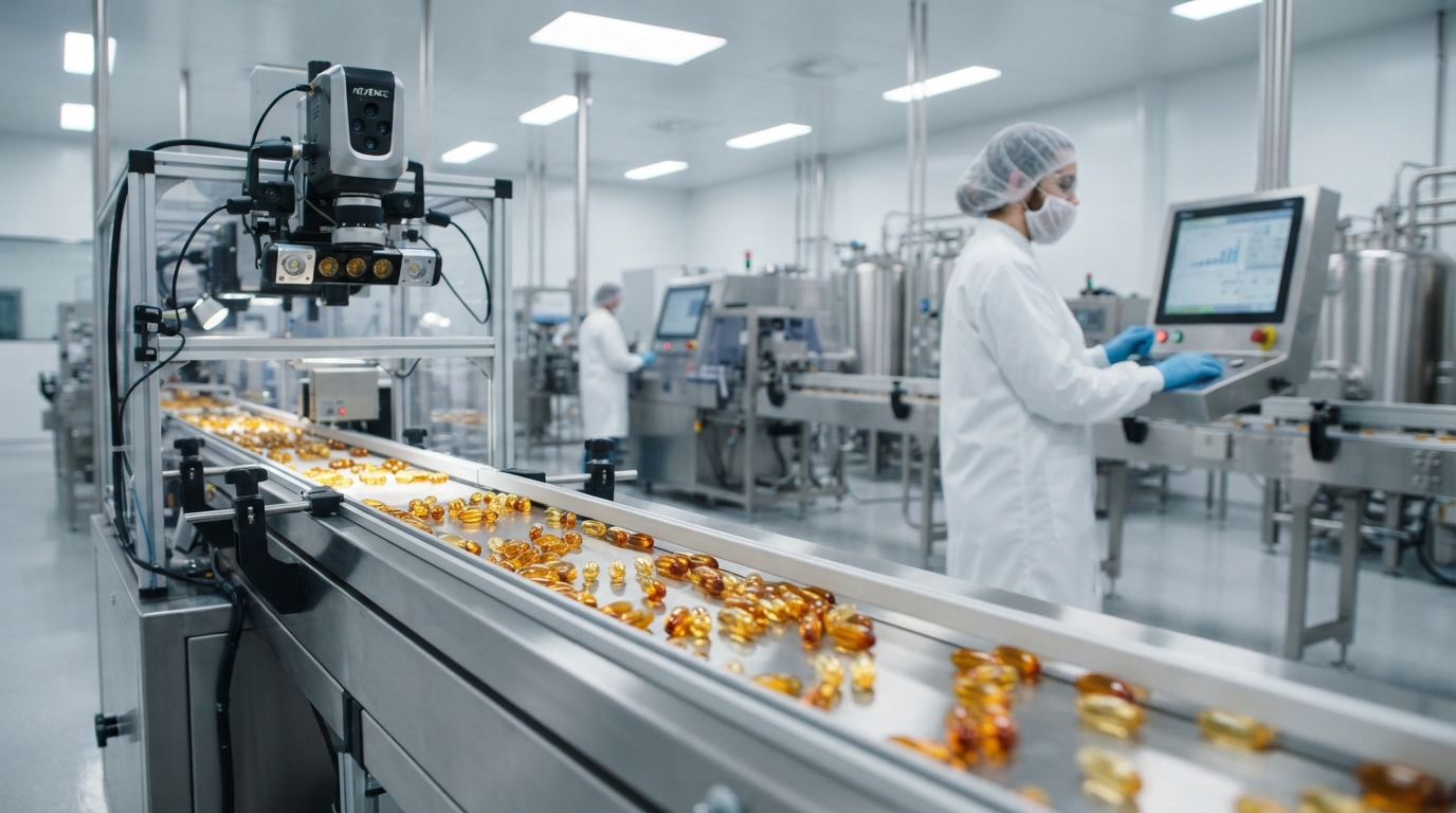 Automated dietary supplement softgel capsule packaging line with operator verifying 21 CFR 111 cGMP metrics.