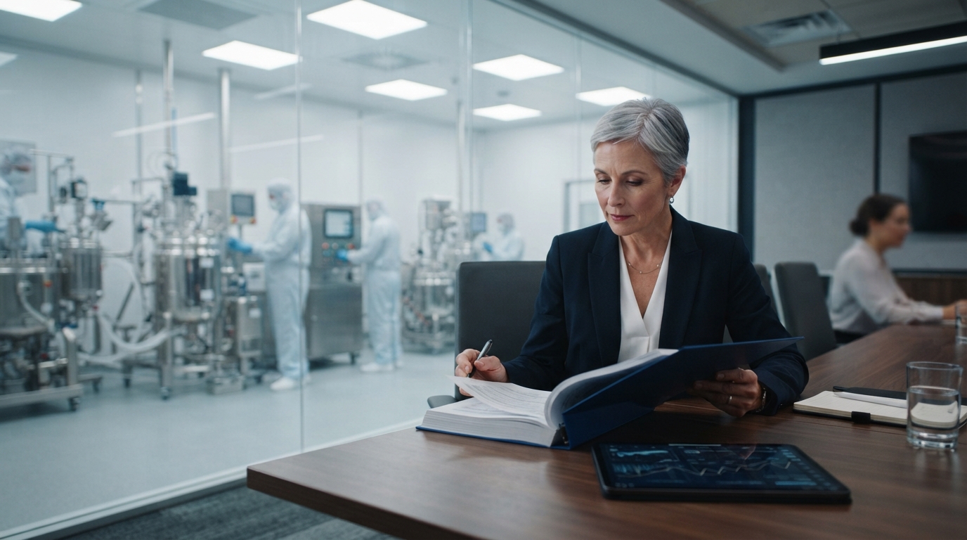 Pharmaceutical quality assurance executive reviewing regulatory compliance documents and audit metrics.