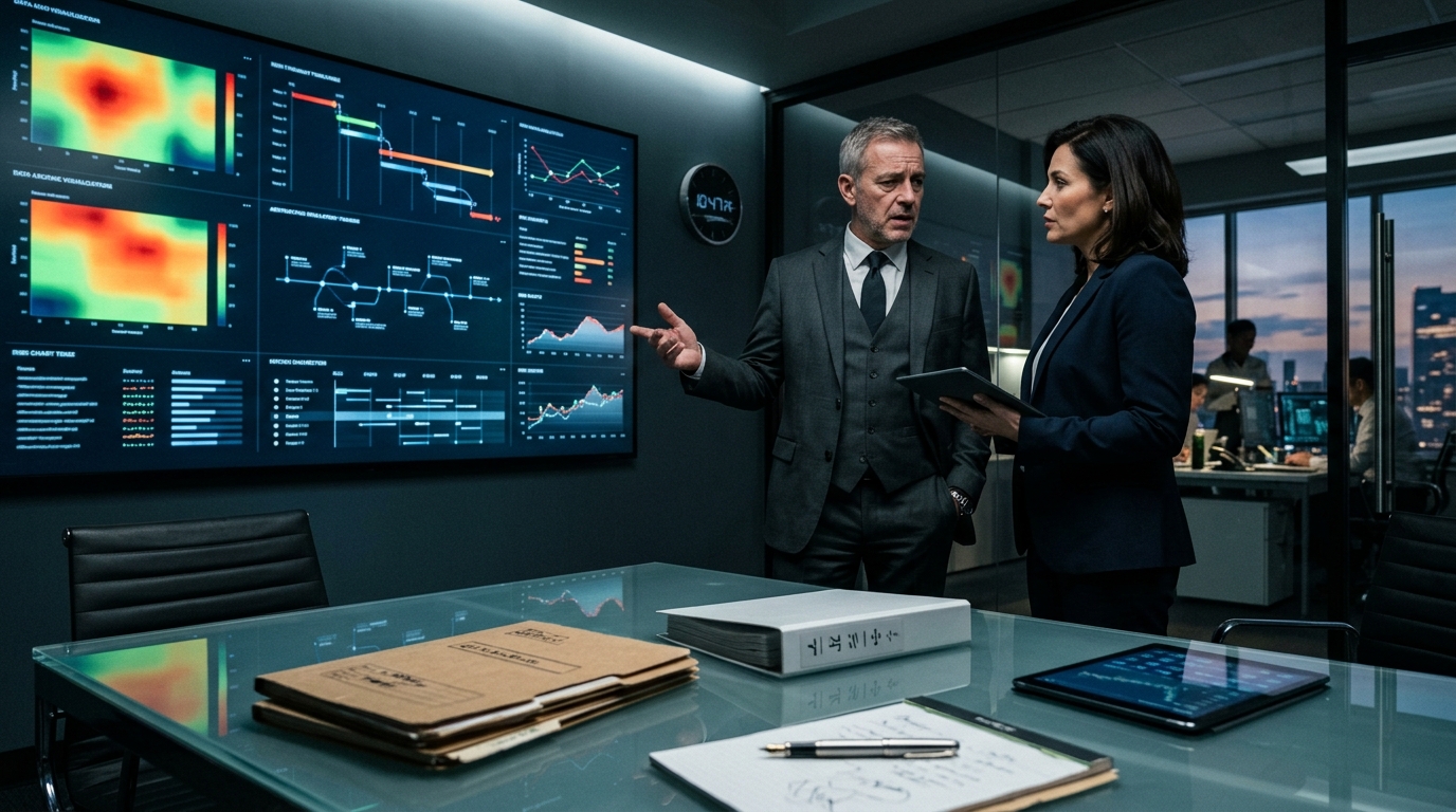 Regulatory affairs executives reviewing FDA warning letter escalation metrics and compliance data on a digital display.