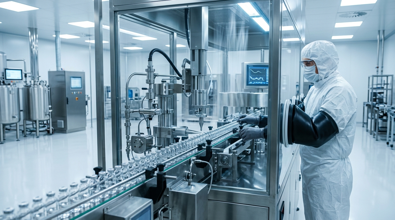 Automated pharmaceutical vial fill-finish line operating inside an aseptic containment isolator.