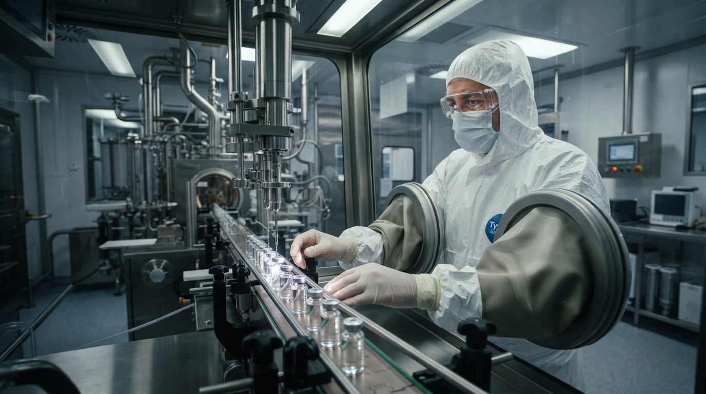 Quality assurance technician monitoring a sterile vial fill-finish line through cleanroom isolator glove ports.