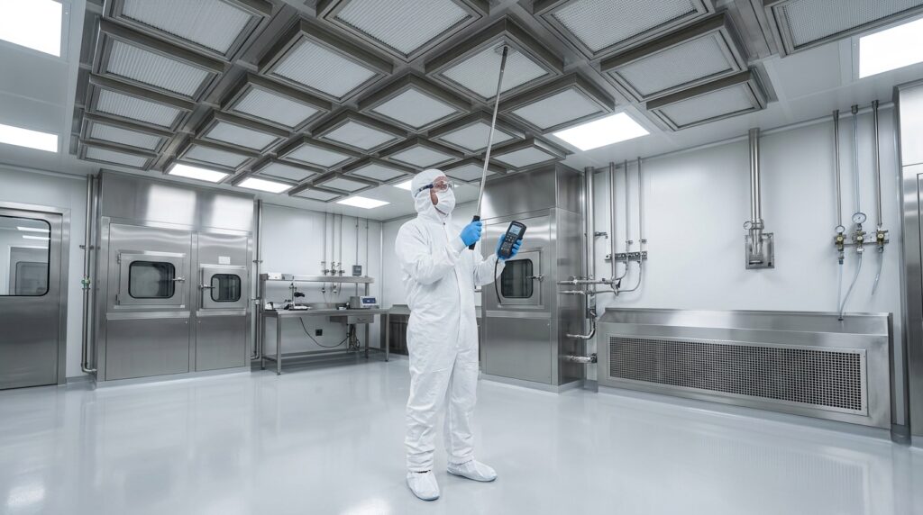 Cleanroom validation engineer measuring HEPA filter airflow velocity with an anemometer in an aseptic facility.