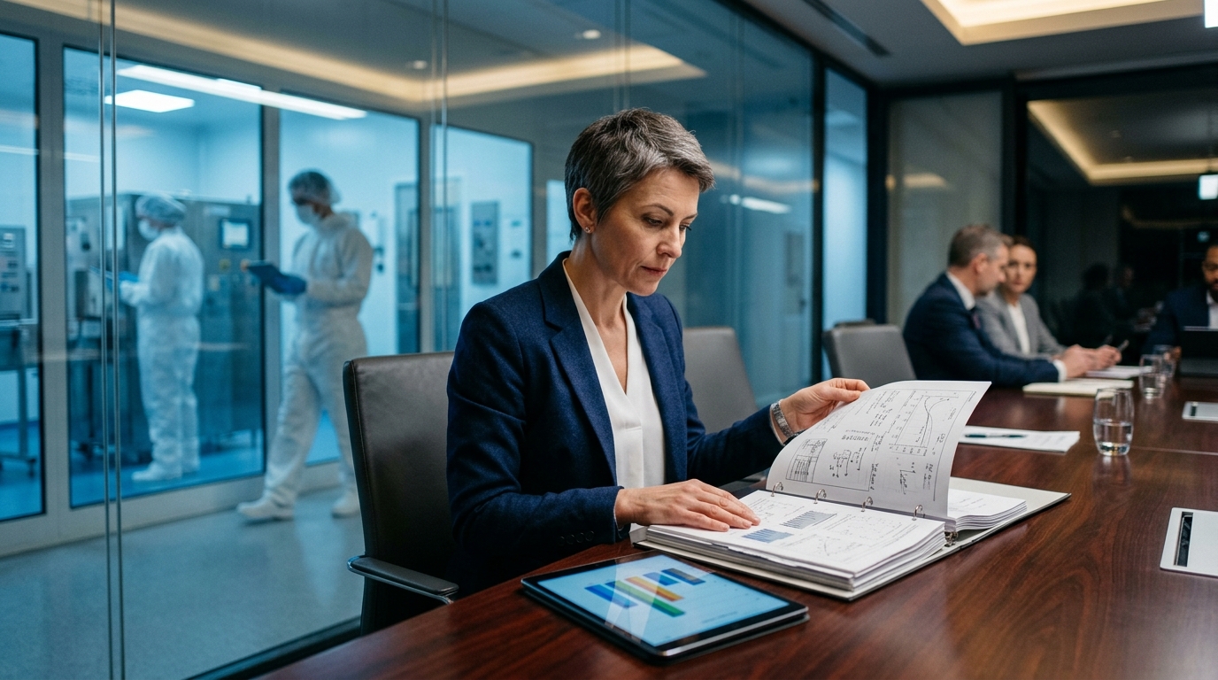 Pharmaceutical quality assurance executive reviewing regulatory compliance documents and audit metrics.